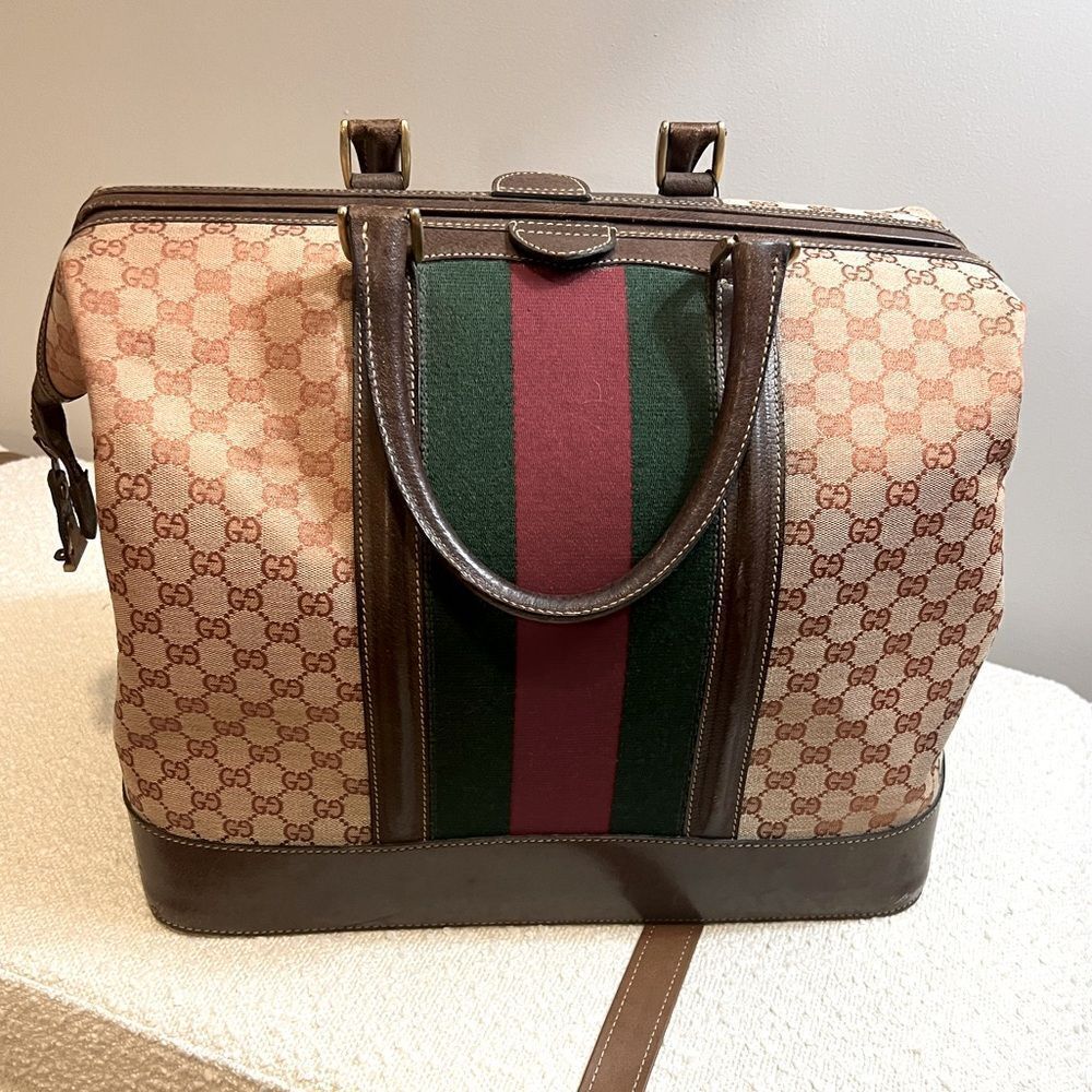 VINTAGE Gucci weekender travel bag, canvas and leather